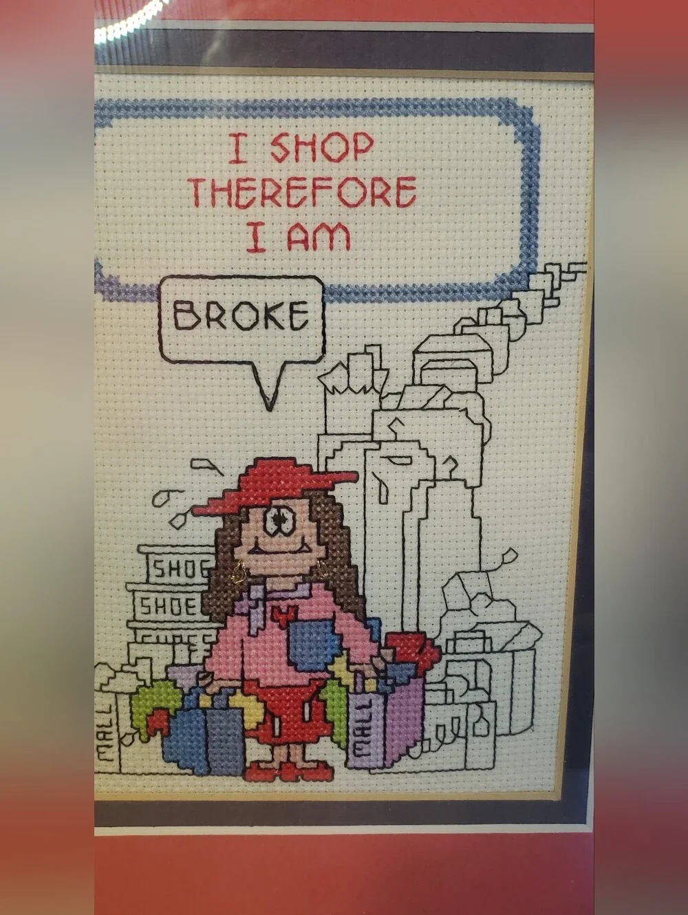 Vintage Cathy Cross Stitch Needlepoint Framed Humor Art Cottagecore Grandmacore